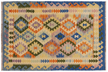 Flat Weave Kilim, Antique, Navaho, Vintage, Handmade, Geometric Kilim Beige Blue Hand-Woven Rectangle 100% Wool Area Rug 4 x 5